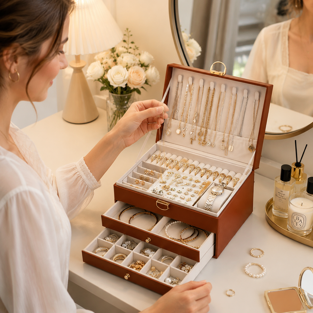 Brown Large Lockable Jewellery Box with 3 Drawers PU Leather Jewellery Organiser Case for Rings Earrings