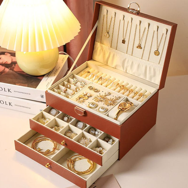 Brown Large Lockable Jewellery Box with 3 Drawers PU Leather Jewellery Organiser Case for Rings Earrings – product detail