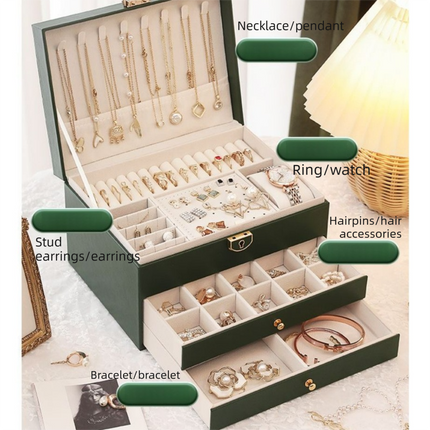 Brown Large Lockable Jewellery Box with 3 Drawers PU Leather Jewellery Organiser Case for Rings Earrings Necklaces Watches and Bracelets