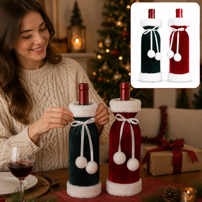 2 Pack (Red Plus Green) Christmas Velvet Wine Bottle Covers with Faux Fur Trim Reusable V888-ELOSUNG54215