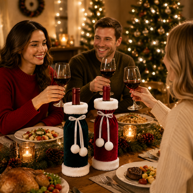 2 Pack (Red Plus Green) Christmas Velvet Wine Bottle Covers with Faux Fur Trim Reusable – product detail