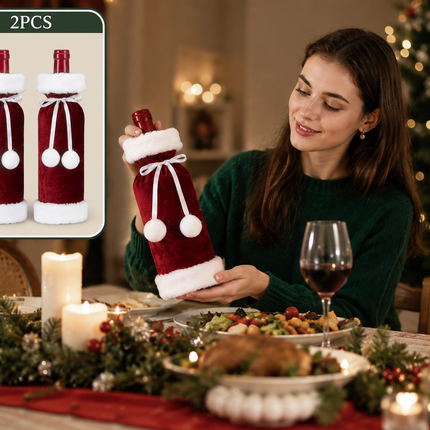 2 Pack Red Christmas Velvet Wine Bottle Covers with Faux Fur Trim Reusable Wine Bottle Gift Bags for Holiday Table Decor and Christmas Party Decorations