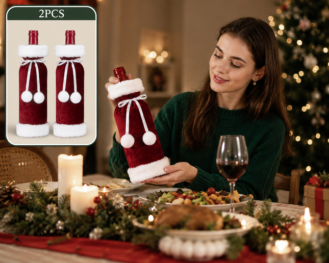 2 Pack Red Christmas Velvet Wine Bottle Covers with Faux Fur Trim Reusable Wine Bottle – product detail