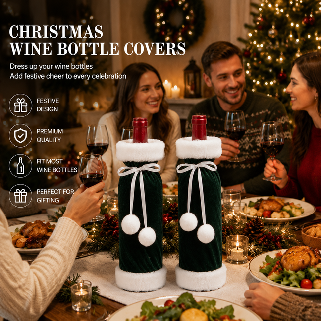 2 Pack Green Christmas Velvet Wine Bottle Covers with Faux Fur Trim Reusable Wine Bottle