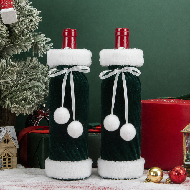 2 Pack Green Christmas Velvet Wine Bottle Covers with Faux Fur Trim Reusable Wine Bottle – product detail