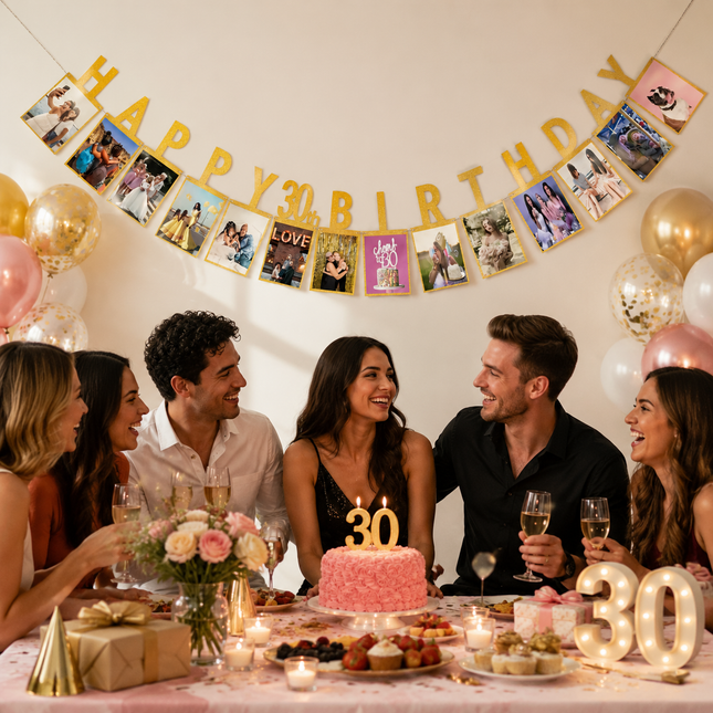 30th Birthday Photo Banner Garland Gold Happy Birthday Photo Display Banner DIY Party Backdrop Decoration