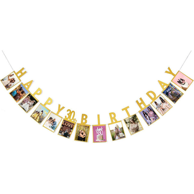 30th Birthday Photo Banner Garland Gold Happy Birthday Photo Display Banner DIY Party Backdrop Decoration – product detail