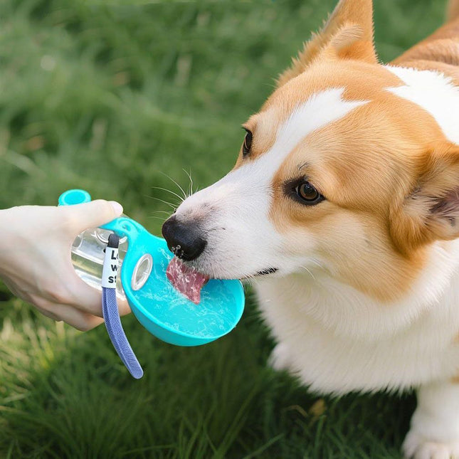Blue Portable Pet Water Bottle with Foldable Drinking Bowl 285ml Travel Dog Water Dispenser for Walking