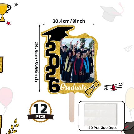 Graduate Photo Frame Fan Prop for Graduation Party (12pcs Gold), Personalized 4x6 Inch Photo Holder, Senior Photo Party Decor