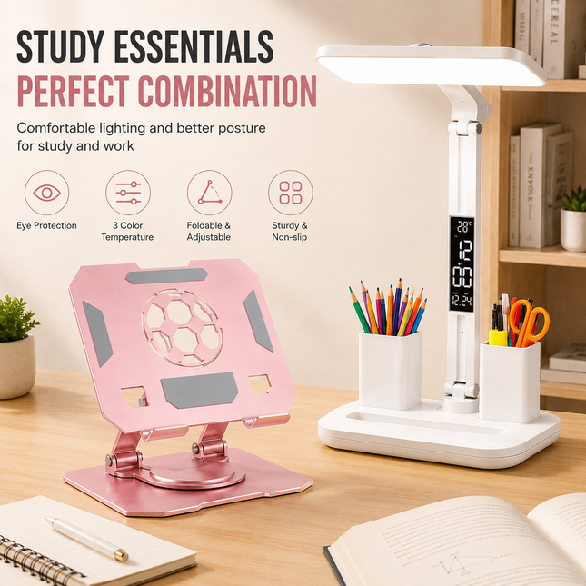 Pink 360 Degree Rotating Tablet Stand and Foldable LED Desk Lamp Study Set Adjustable Reading