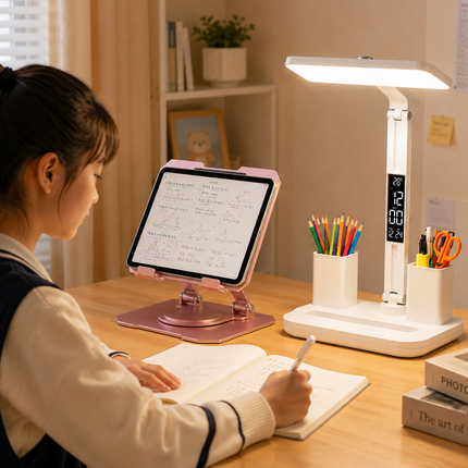Pink 360 Degree Rotating Tablet Stand and Foldable LED Desk Lamp Study Set Adjustable Reading Light with Display Screen Desktop Organiser for Students Home Office Learning