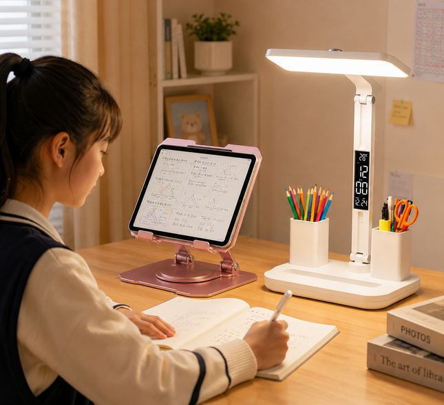 Pink 360 Degree Rotating Tablet Stand and Foldable LED Desk Lamp Study Set Adjustable Reading – product detail