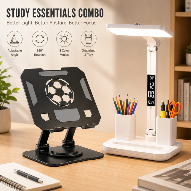 Black 360 Degree Rotating Tablet Stand and Foldable LED Desk Lamp Study Set Adjustable Reading