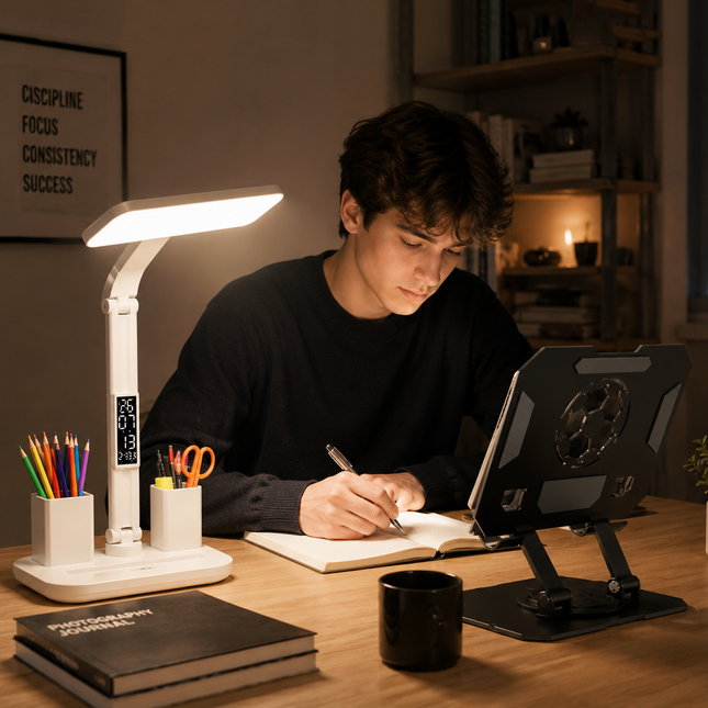 Black 360 Degree Rotating Tablet Stand and Foldable LED Desk Lamp Study Set Adjustable Reading – product detail
