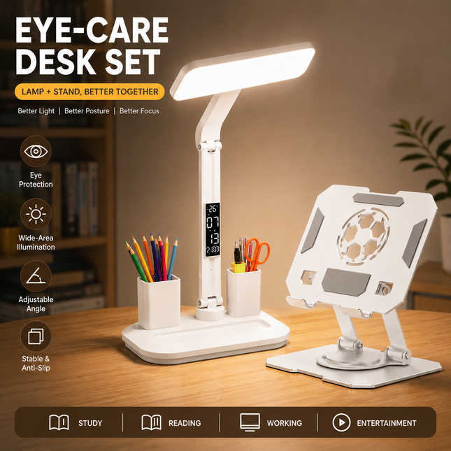 White 360 Degree Rotating Tablet Stand and Foldable LED Desk Lamp Study Set Adjustable Reading