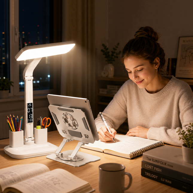 White 360 Degree Rotating Tablet Stand and Foldable LED Desk Lamp Study Set Adjustable Reading – product detail