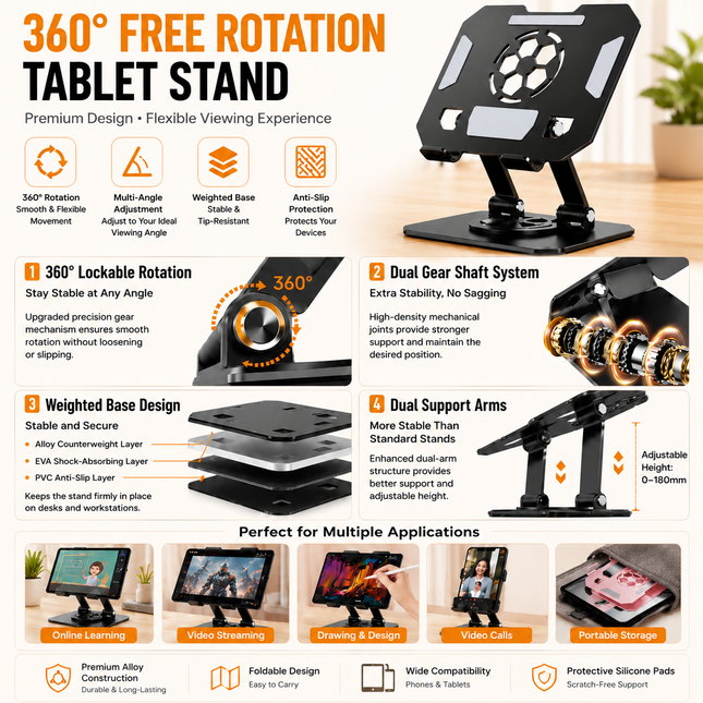 Black 360 Degree Rotating Tablet and Phone Stand Adjustable Desktop Holder Foldable Aluminium – product detail