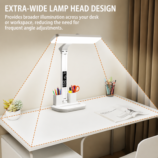 LED Desk Lamp with Digital Clock Temperature Display Pen Holder and Phone Stand Foldable Eye Caring Study