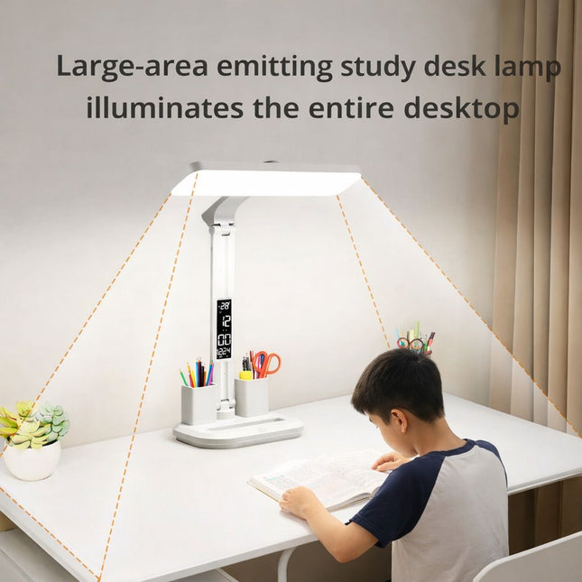 LED Desk Lamp with Digital Clock Temperature Display Pen Holder and Phone Stand Foldable Eye Caring Study – product detail