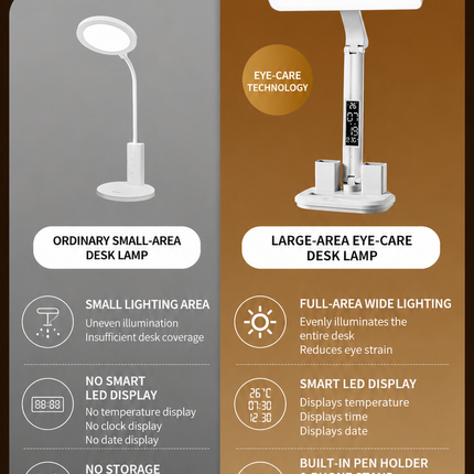 LED Desk Lamp with Digital Clock Temperature Display Pen Holder and Phone Stand Foldable Eye Caring Study Reading Light for Students Home Office