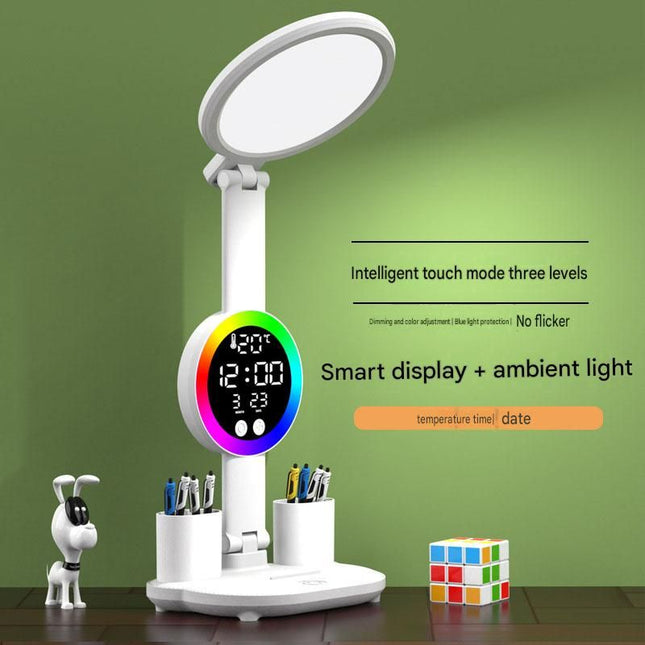 LED Foldable Eye-Caring Reading Desk Lamp with Smart Clock Display USB Rechargeable Study Light Pen Holders
