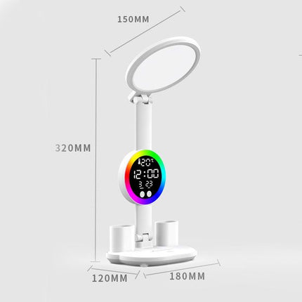 LED Foldable Eye-Caring Reading Desk Lamp with Smart Clock Display, USB Rechargeable Study Light, Pen Holders & Phone Stand