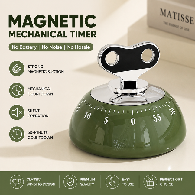 Green 60-Minute Magnetic Mechanical Kitchen Timer Countdown Clock for Cooking Study Productivity and Time