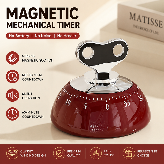 Red 60-Minute Magnetic Mechanical Kitchen Timer Countdown Clock for Cooking Study Productivity and Time