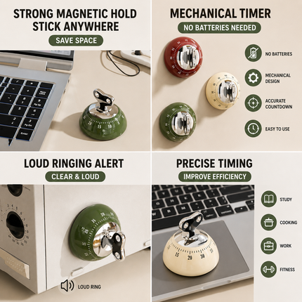Red 60-Minute Magnetic Mechanical Kitchen Timer Countdown Clock for Cooking, Study, Productivity and Time Management