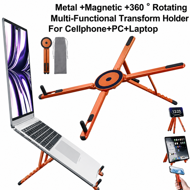 Orange Foldable Magnetic Phone & Tablet Stand Aluminium Alloy Laptop Holder Adjustable Desktop Stand for