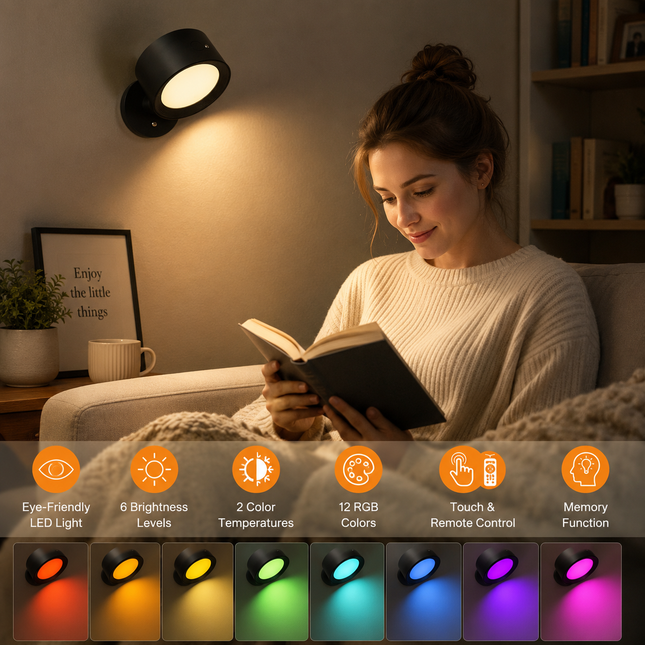 Magnetic RGB LED Wall Light Rechargeable Bedside Reading Lamp 360 Degree Adjustable Wall Sconce with Remote