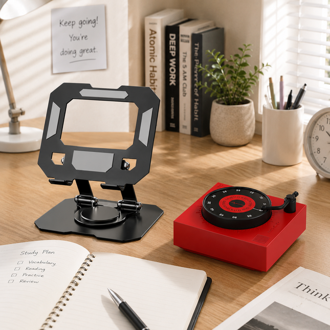 Study Focus Timer (Red) and Foldable Metal Tablet Stand (Black) Set Mechanical Countdown Timer with