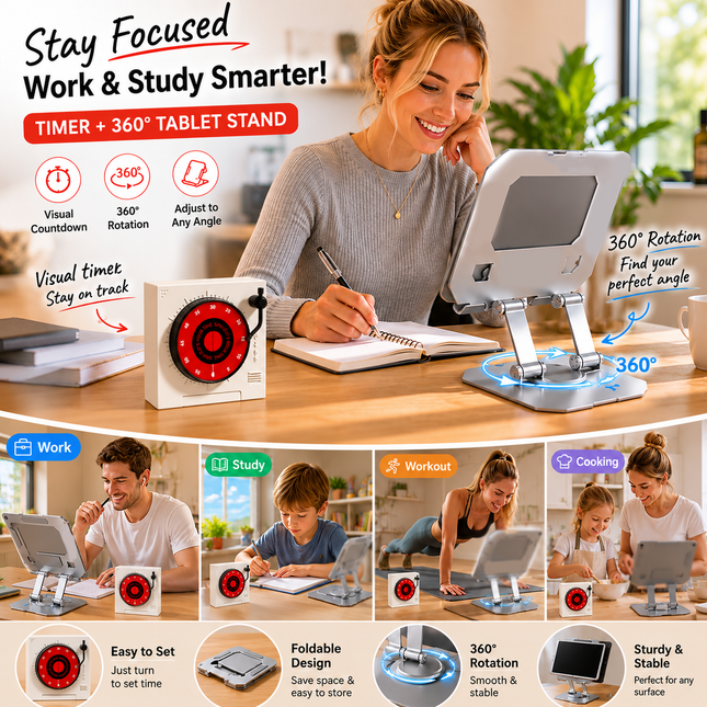 Study Focus Timer (White) and Foldable Metal Tablet Stand (Silver) Set Mechanical Countdown Timer with