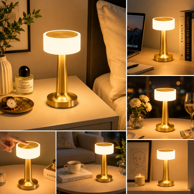 Gold Rechargeable Acrylic Shade UFO Table Lamp Touch Control LED Bedside Night Light Cordless Ambient Desk – product detail