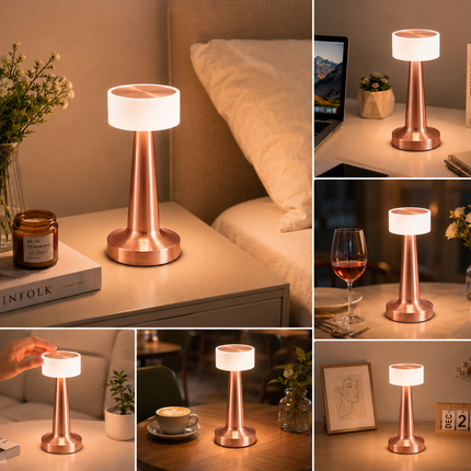 Copper Rechargeable Acrylic Shade UFO Table Lamp Touch Control LED Bedside Night Light, Cordless Ambient Desk Lamp for Bedroom Living Room Camping