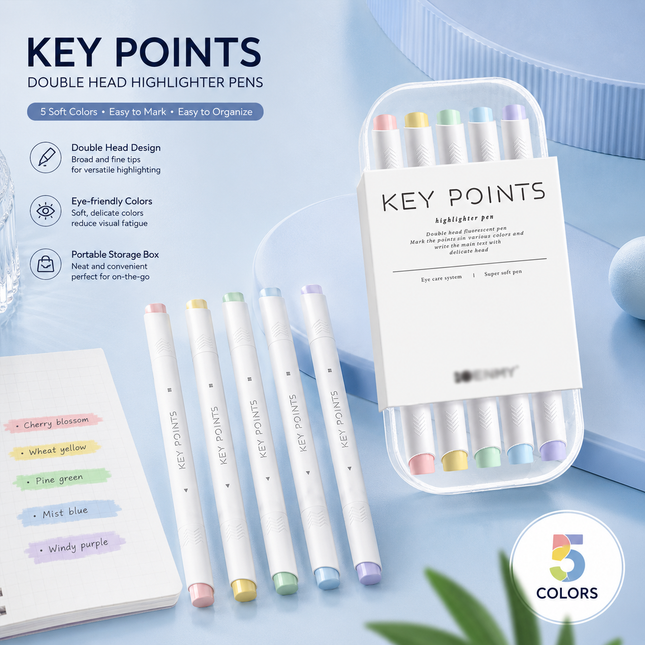 Pastel Dual Tip Highlighter Pen Set 5 Colours with Storage Case Macaron Mildliner Marker Pens for Study