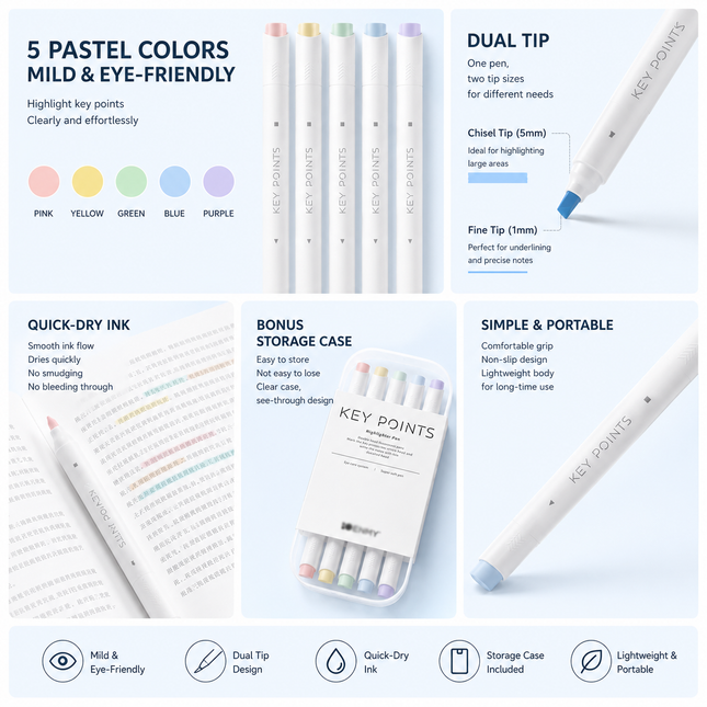 Pastel Dual Tip Highlighter Pen Set 5 Colours with Storage Case Macaron Mildliner Marker Pens for Study – product detail