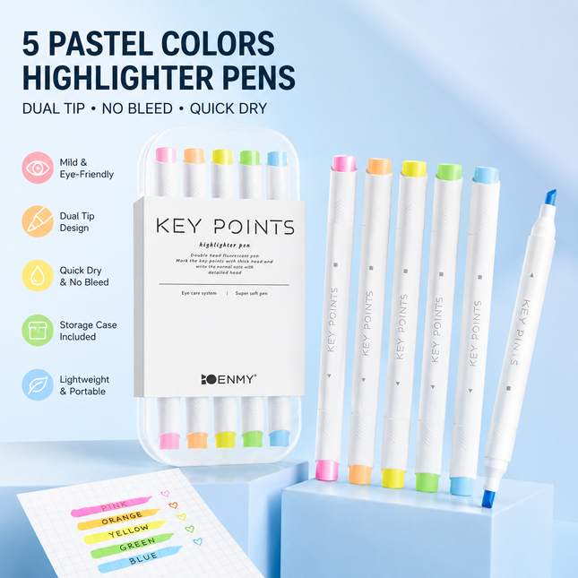 Pastel Dual Tip Highlighter Pen (Fluorescent color) Set 5 Colours with Storage Case Macaron