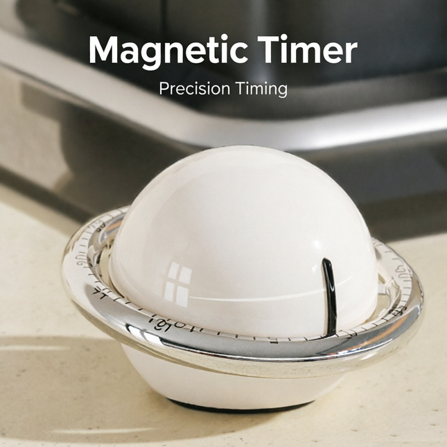 Beige Retro Planet Mechanical Kitchen Timer Magnetic Countdown Clock Battery-Free Metal Core Loud Alarm for
