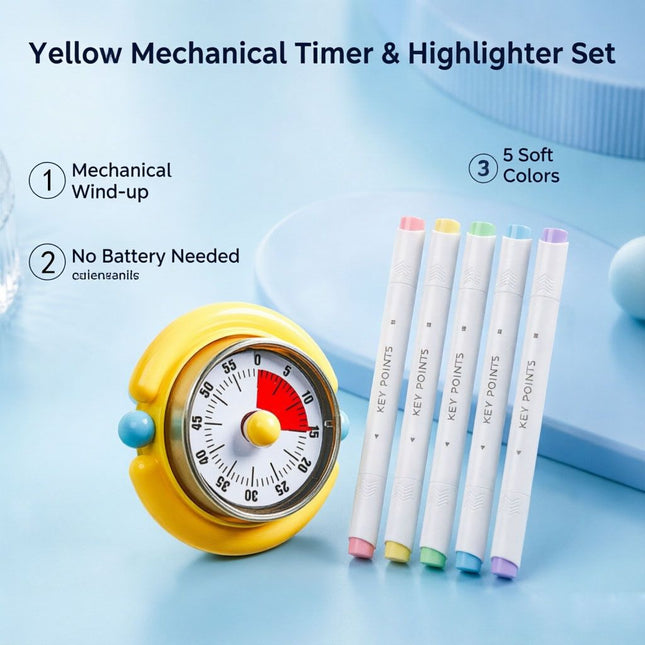 Macaron Pastel Dual-Tip Highlighter & Magnetic Mechanical Timer(Yellow) Set