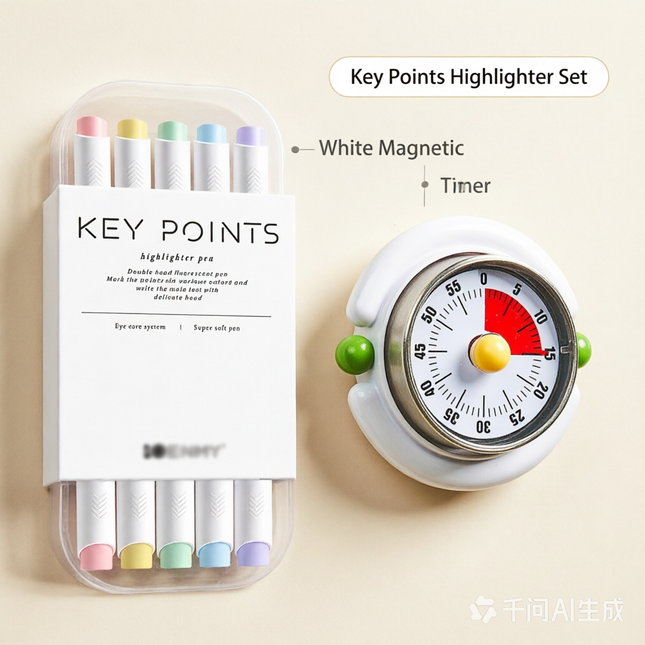 Macaron Pastel Dual-Tip Highlighter & Magnetic Mechanical Timer(White) Set