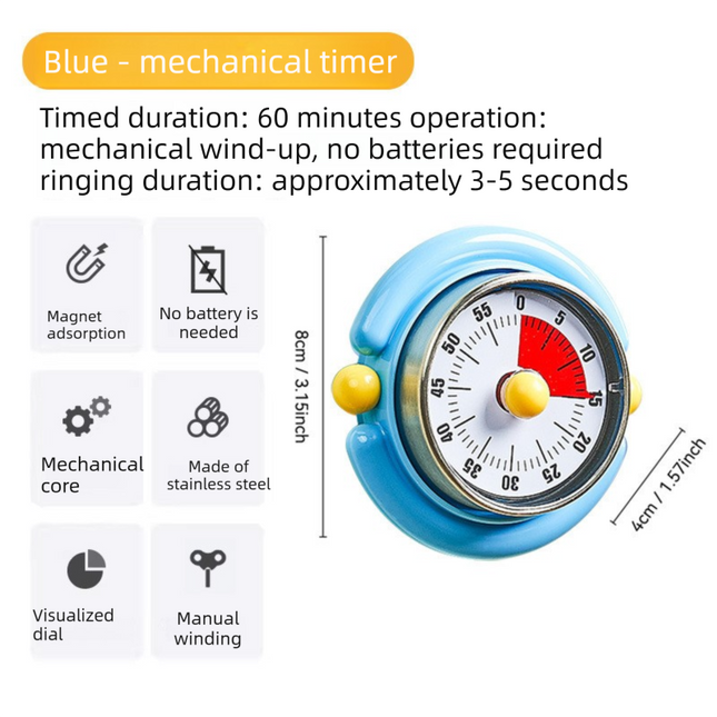 Blue Visual Mechanical Kitchen Timer with Magnetic Backing – product detail