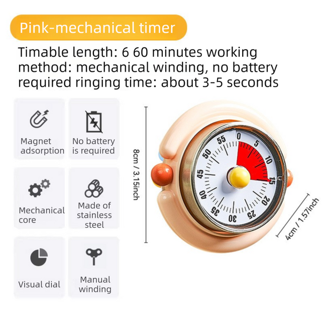 Pink Visual Mechanical Kitchen Timer with Magnetic Backing – product detail