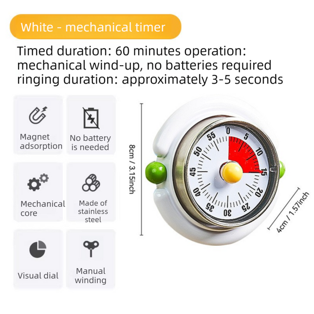 White Visual Mechanical Kitchen Timer with Magnetic Backing – product detail