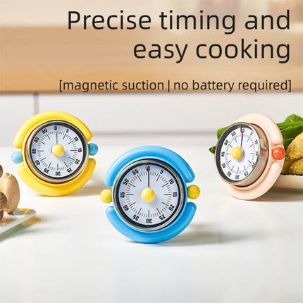 White Visual Mechanical Kitchen Timer with Magnetic Backing - Battery-Free Countdown Alarm for Cooking, Study & Time Management