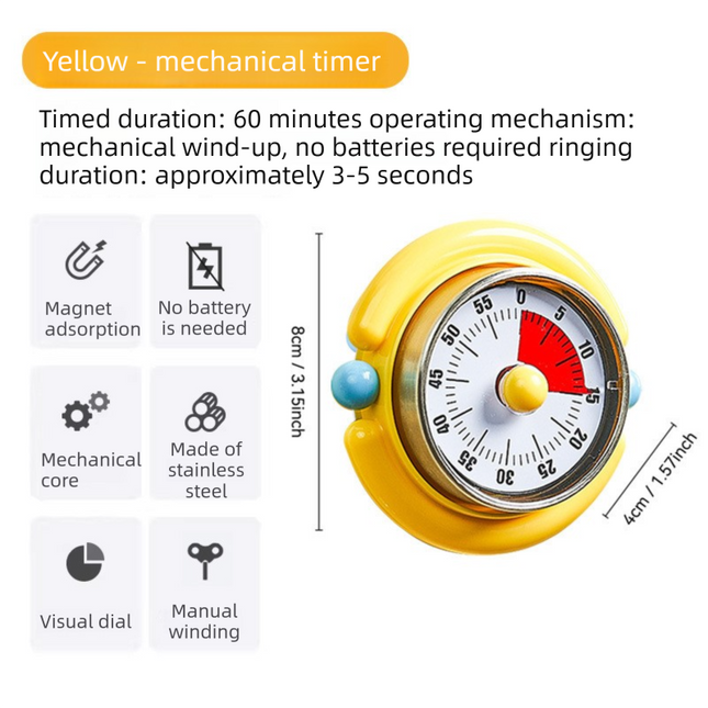 Yellow Visual Mechanical Kitchen Timer with Magnetic Backing – product detail