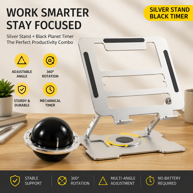 360 Degree Rotating Laptop Stand(Silver) & Magnetic Mechanical Timer(Black) Set – product detail