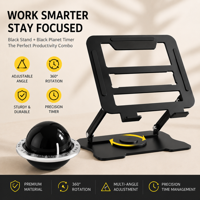 360 Degree Rotating Laptop Stand(Black) & Magnetic Mechanical Timer(Black) Set – product detail