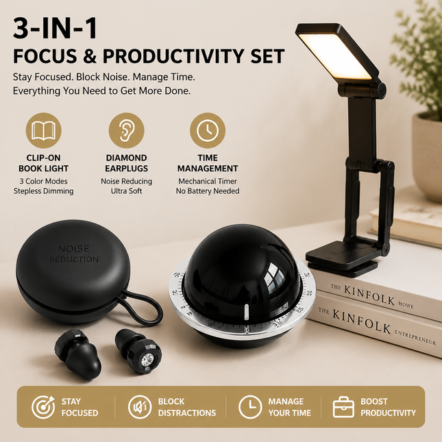 Black 3-in-1 Focus & Productivity Set Magnetic Mechanical Timer Noise-Reducing Earplugs & Rechargeable