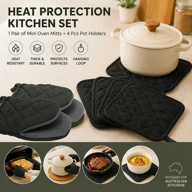Black Heat Resistant Oven Mitts Set 1 Pair and 4 Pot Holders Quilted Cotton Kitchen V888-ELOSUNG543013